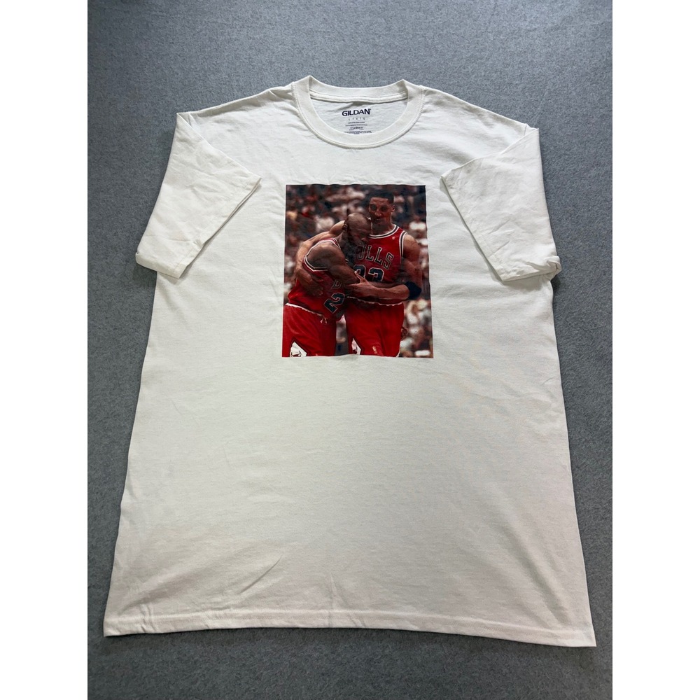 Custom Gildan Michael Jordan Scottie Pippen Flu Game Graphic T-Shirt White Large